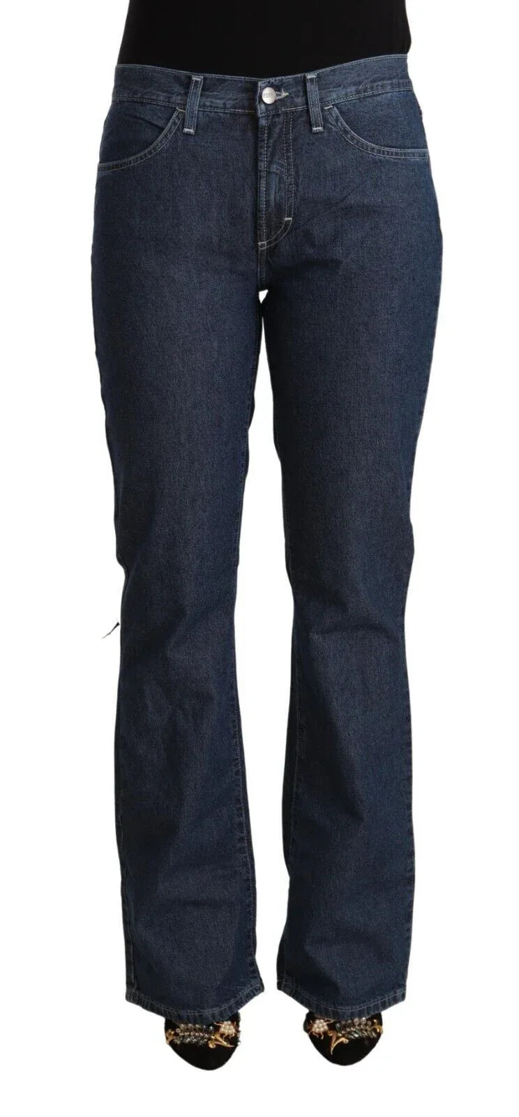 GF Ferre Blue Cotton Mid Waist Flared Denim Jeans - Zeiniez