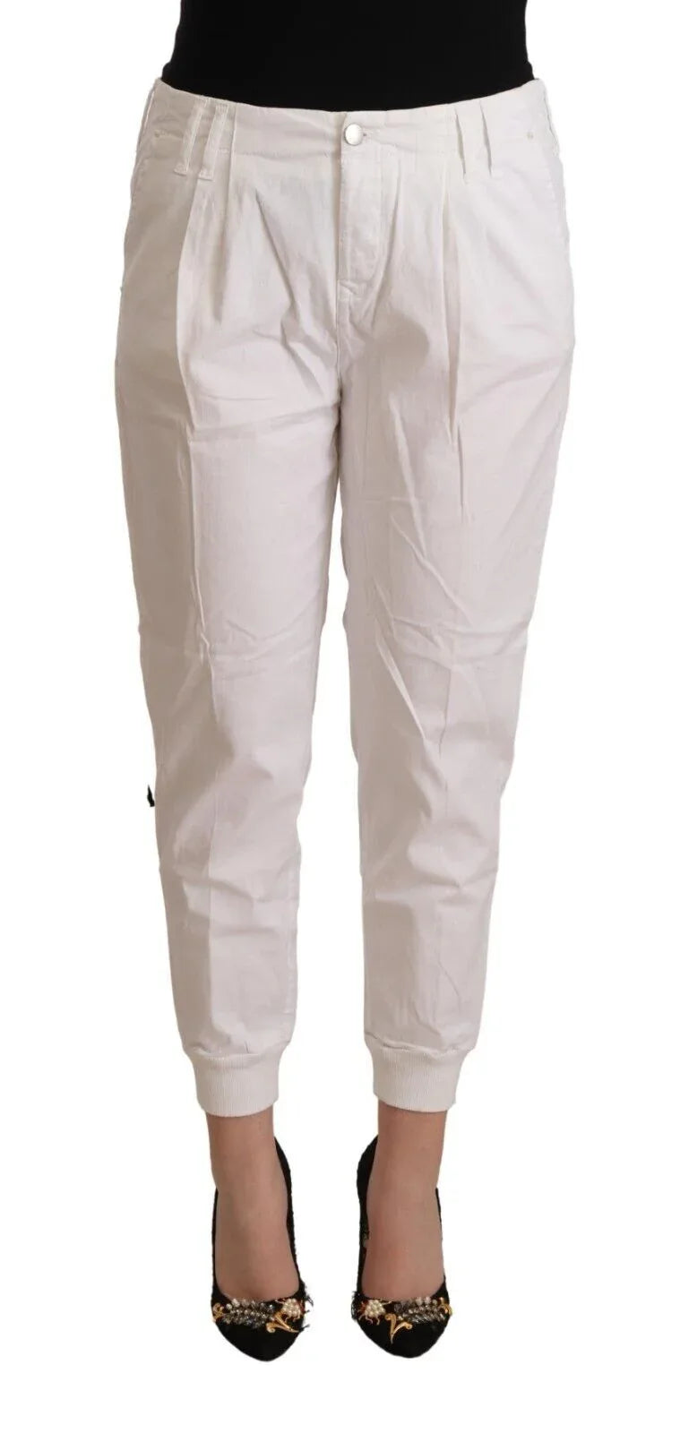 Met White Cotton Mid Waist Tapered Cropped Pants - Zeiniez
