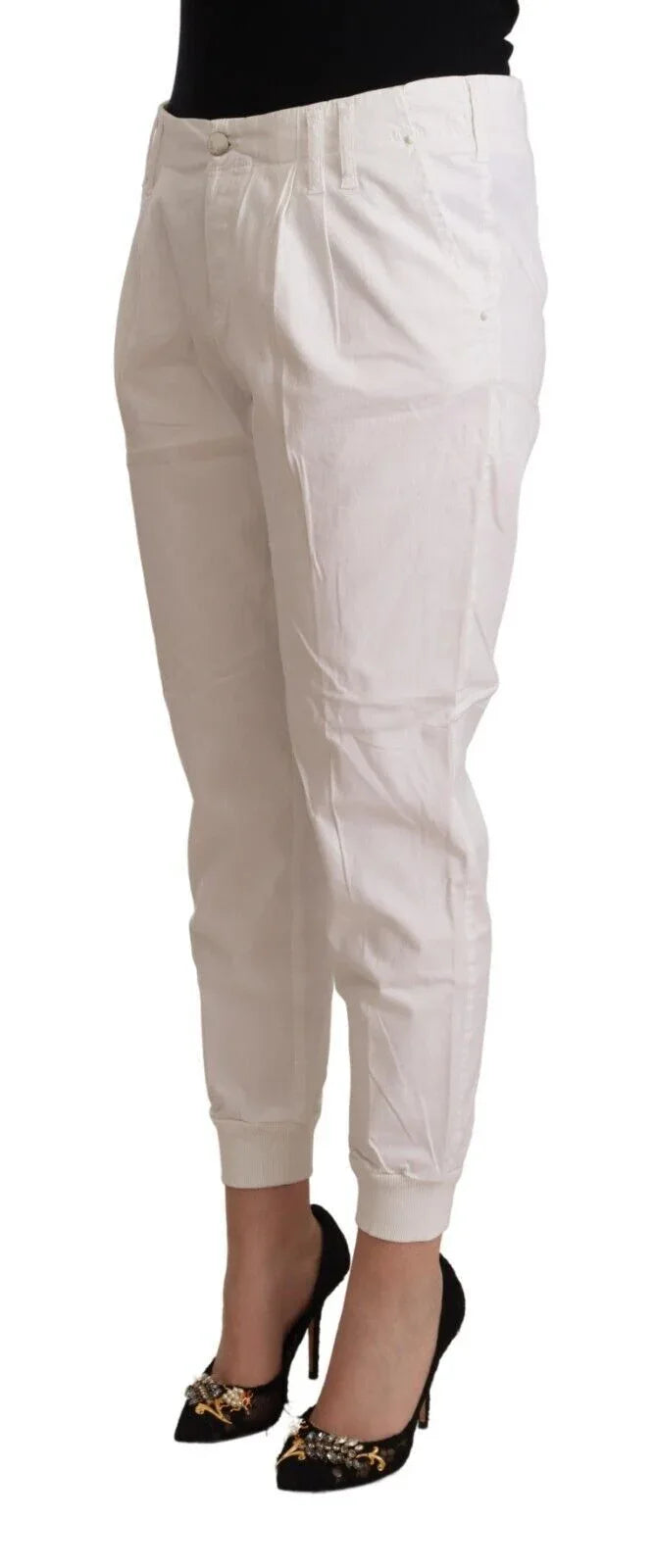 Met White Cotton Mid Waist Tapered Cropped Pants - Zeiniez