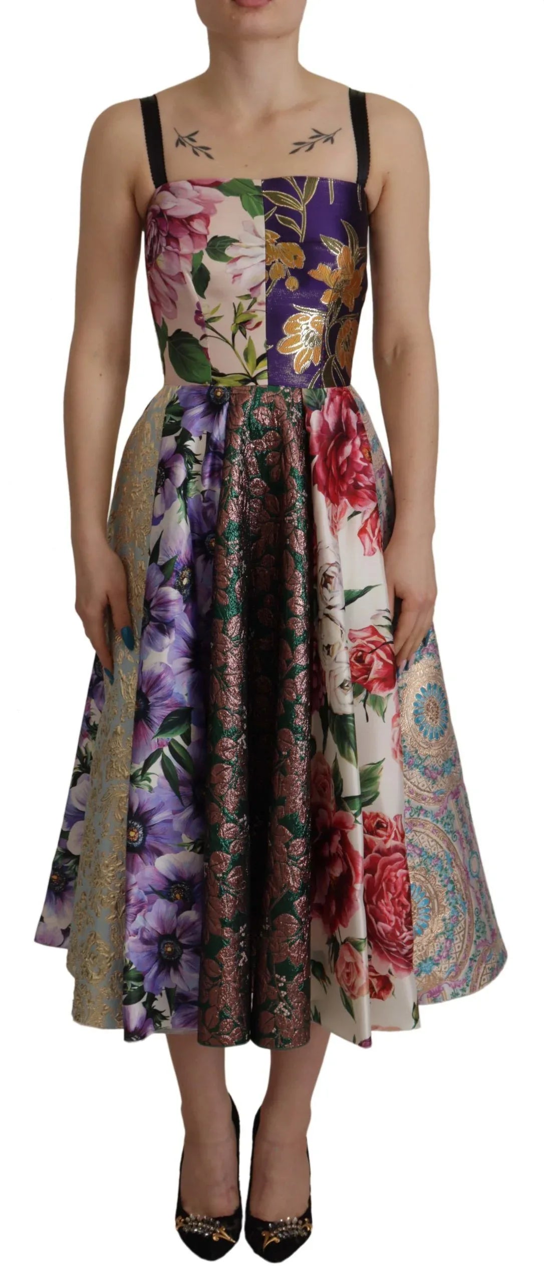 Dolce & Gabbana Dress Midi Patchwork Floral Jaquard Silk - Zeiniez