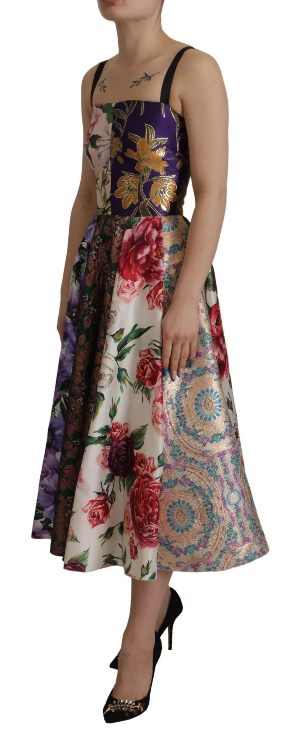 Dolce & Gabbana Dress Midi Patchwork Floral Jaquard Silk - Zeiniez