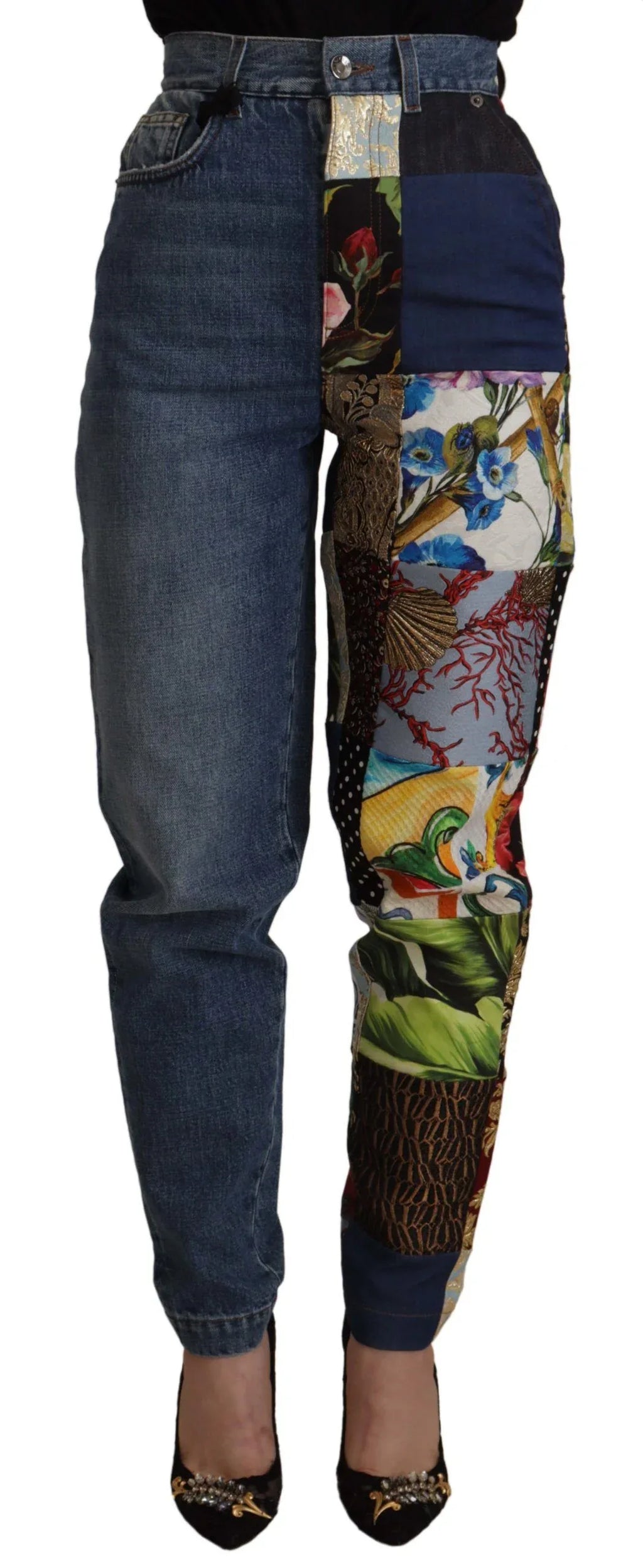 Dolce & Gabbana Blue Jeans Jacquard Majolica High Waist Pants - Zeiniez