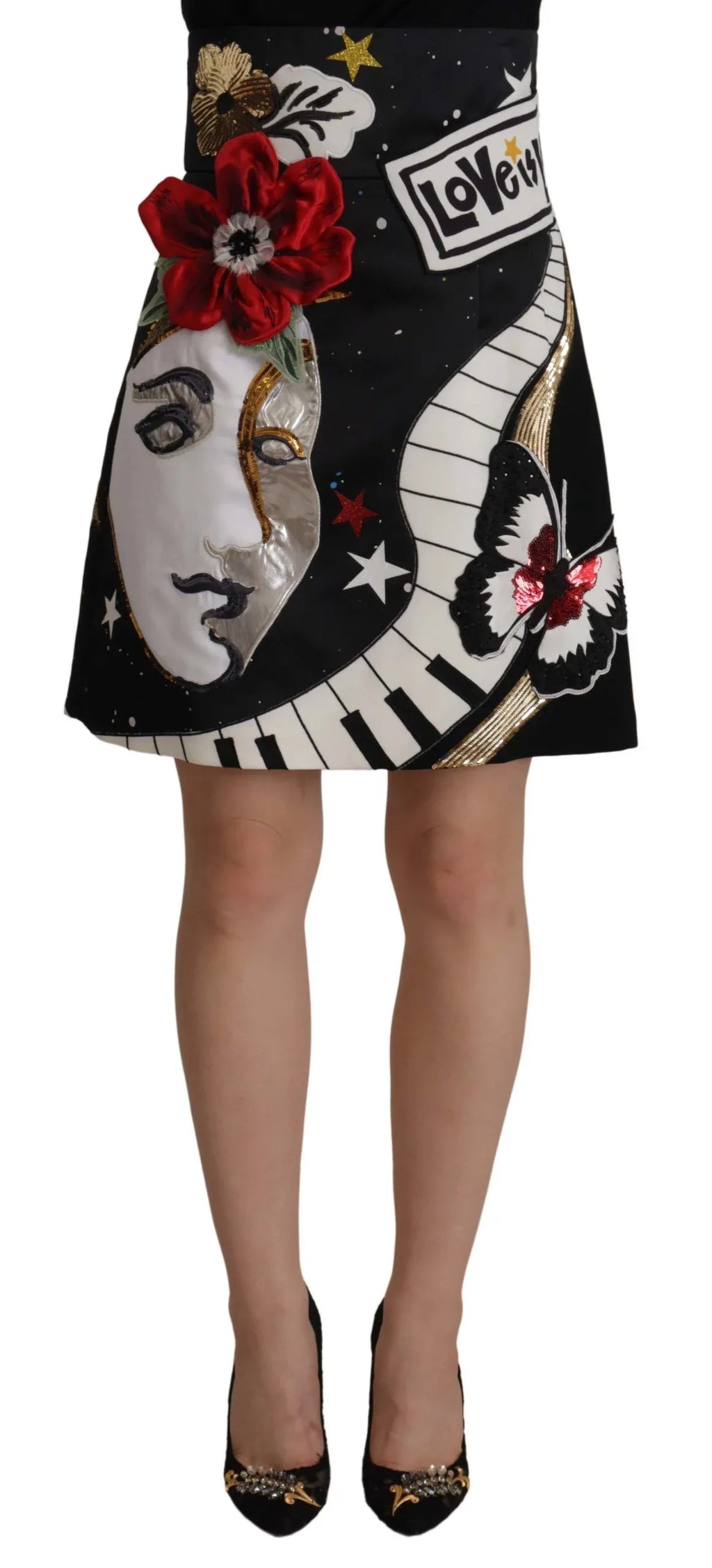 Dolce & Gabbana Black Love Clock Sequined Piano Skirt - Zeiniez