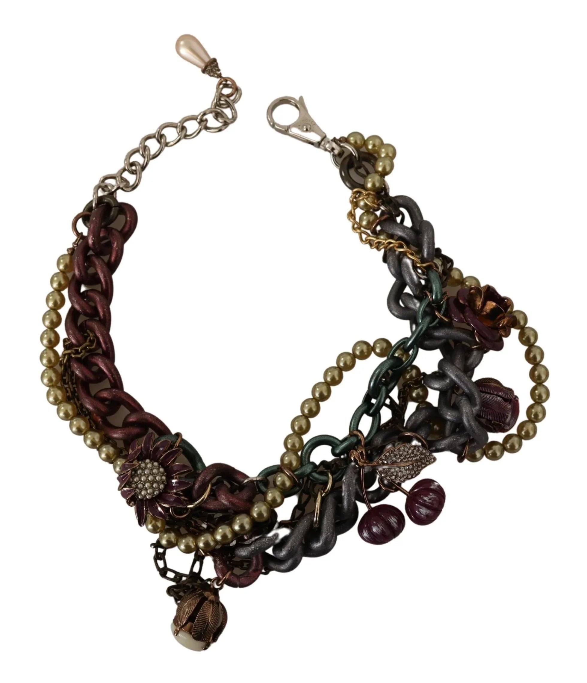 Dolce & Gabbana Gold Brass Sicily Floral Crystal Statement Necklace - Zeiniez