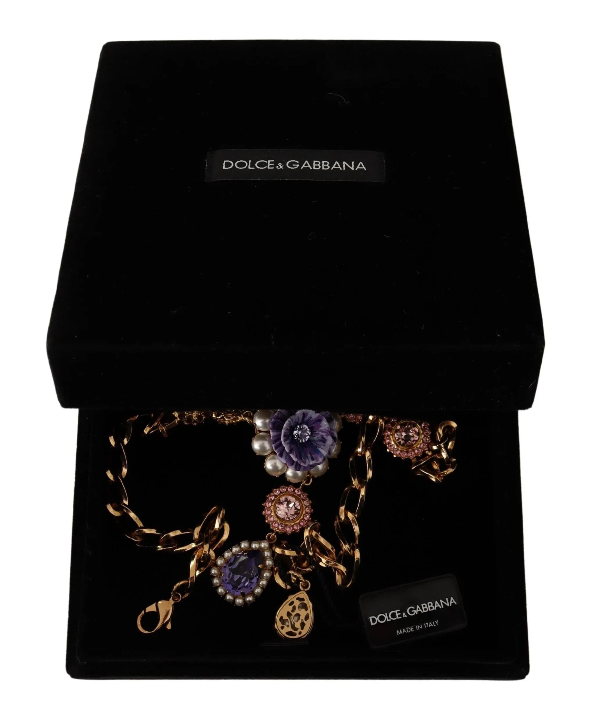 Dolce & Gabbana Gold Brass Crystal Purple Pink Pearl Pendants Necklace - Zeiniez