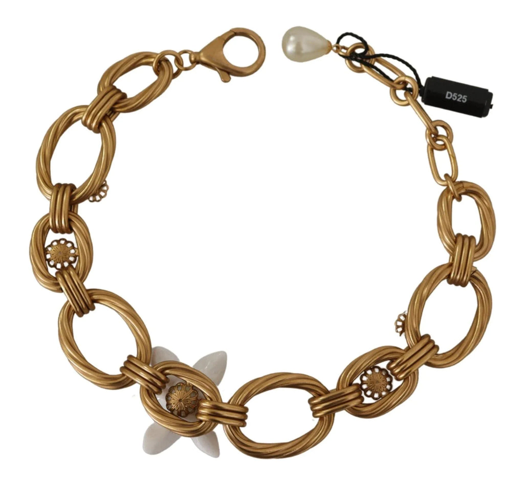 Dolce & Gabbana Gold White Lily Floral Chain Statement Necklace - Zeiniez