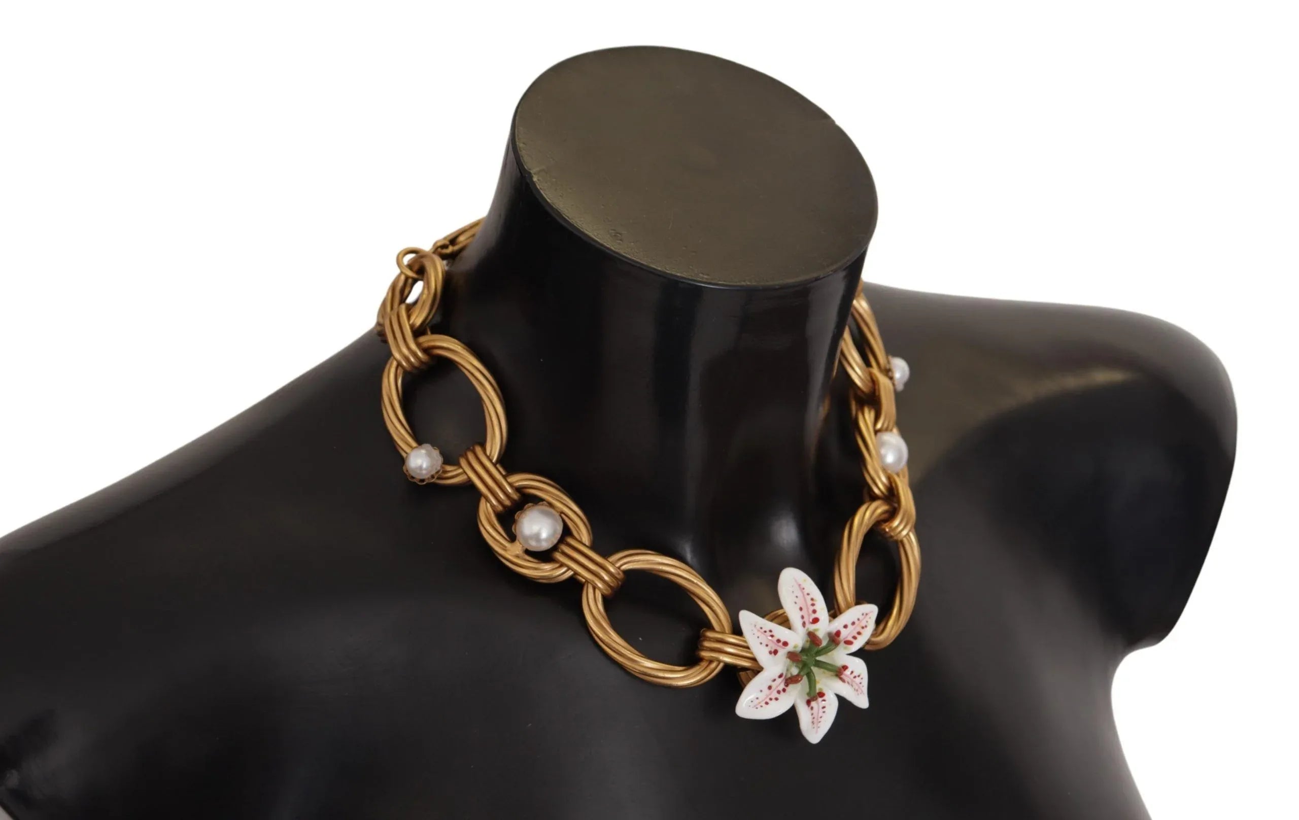 Dolce & Gabbana Gold White Lily Floral Chain Statement Necklace - Zeiniez
