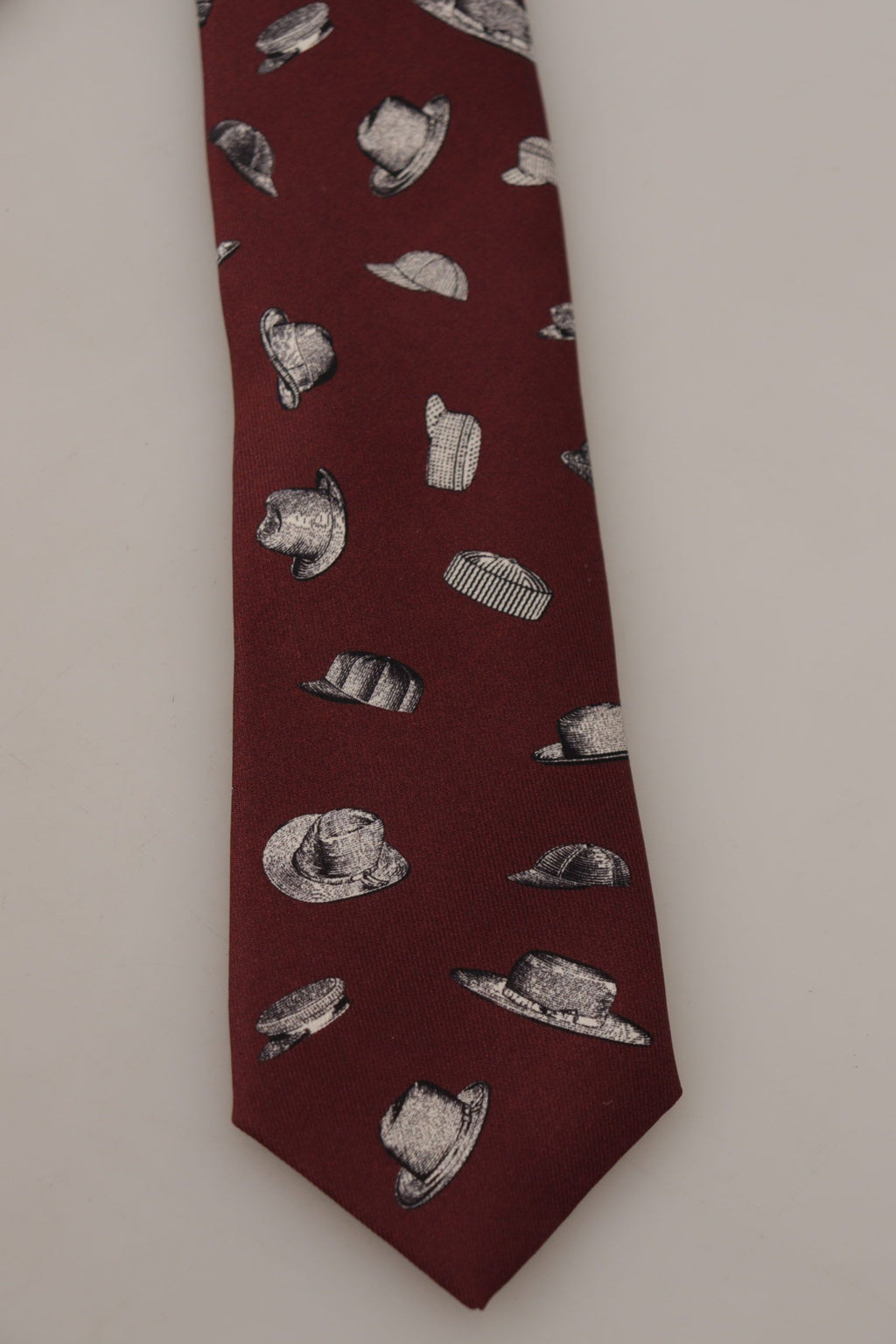 Dolce & Gabbana Maroon Hat Pattern 100% Silk Adjustable Accessory Tie - Zeiniez