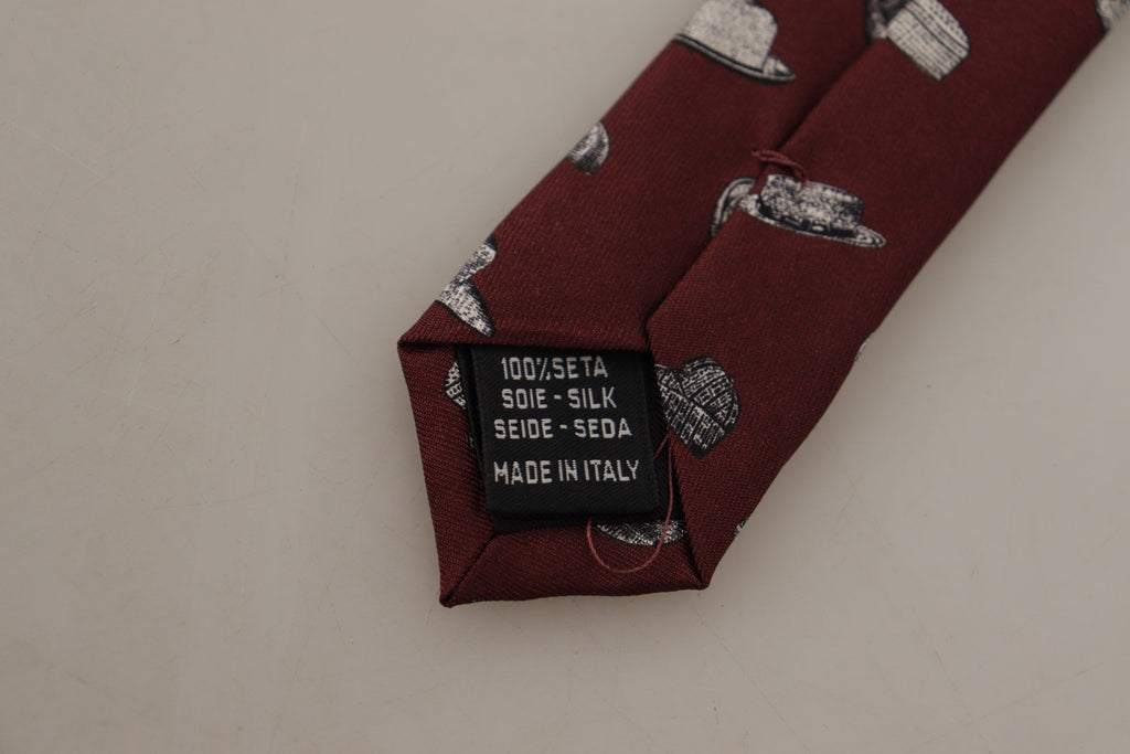 Dolce & Gabbana Maroon Hat Pattern 100% Silk Adjustable Accessory Tie - Zeiniez