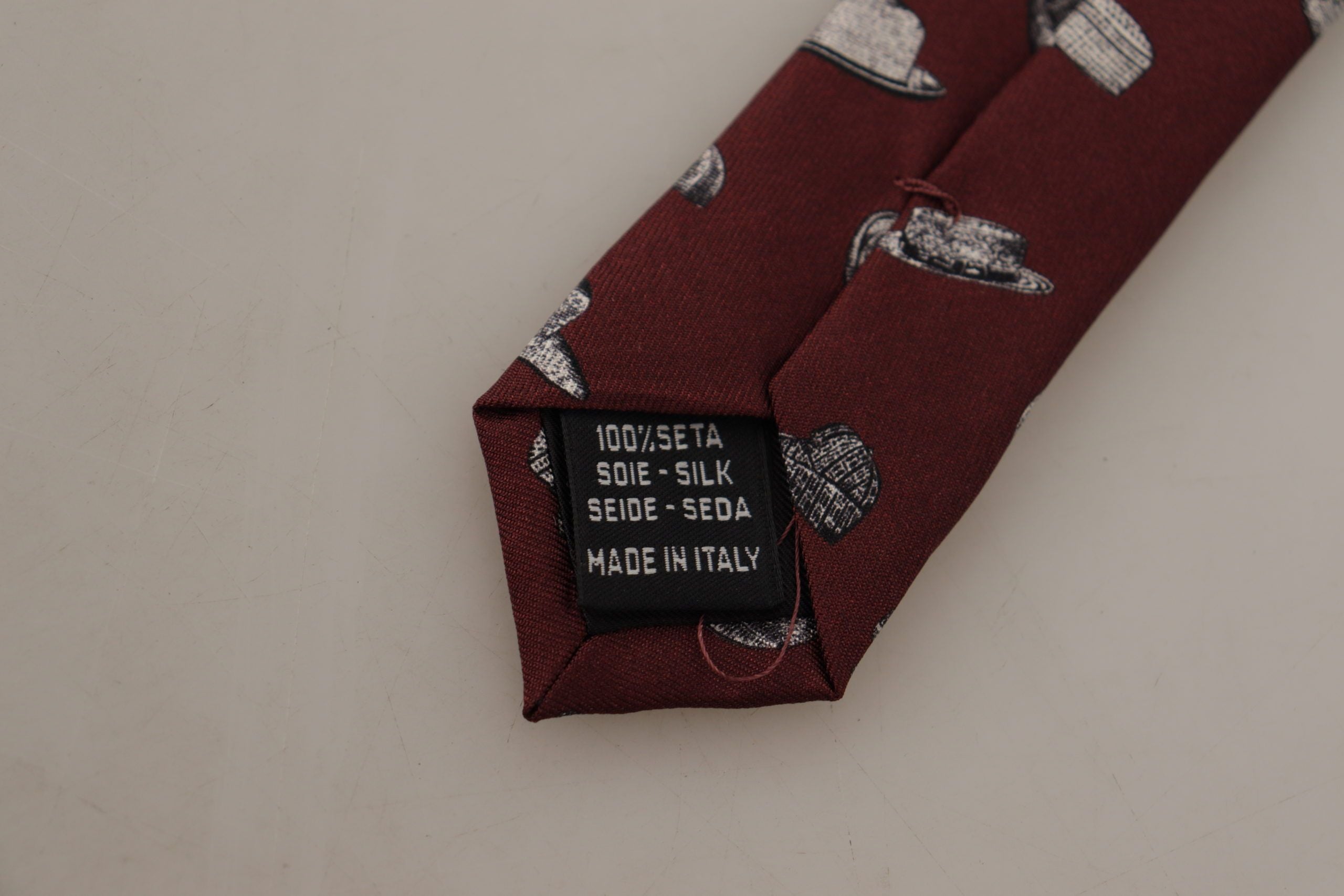 Dolce & Gabbana Maroon Hat Pattern 100% Silk Adjustable Accessory Tie - Zeiniez