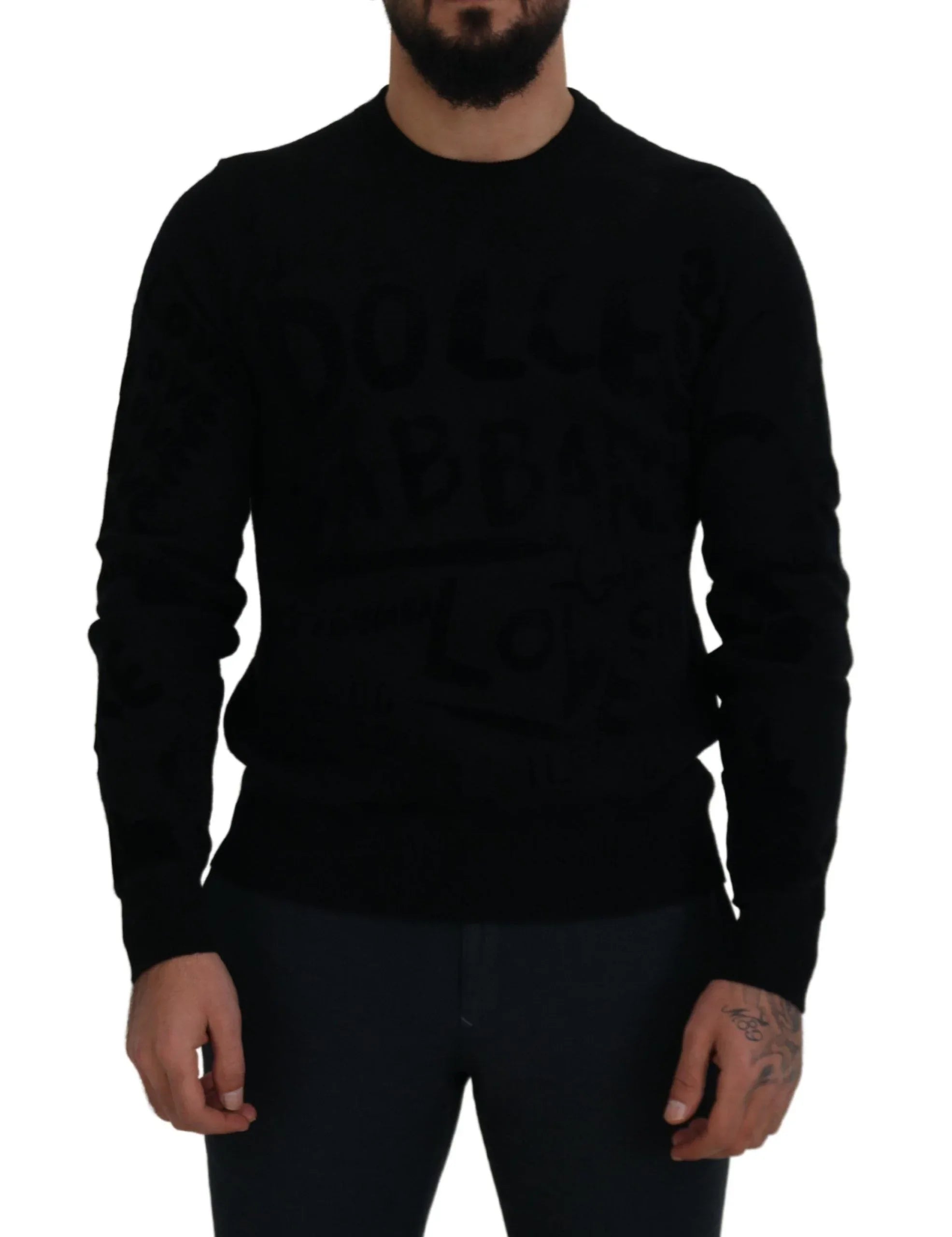 Dolce & Gabbana Black Wool Logo Pattern Crewneck Pullover Sweater - Zeiniez