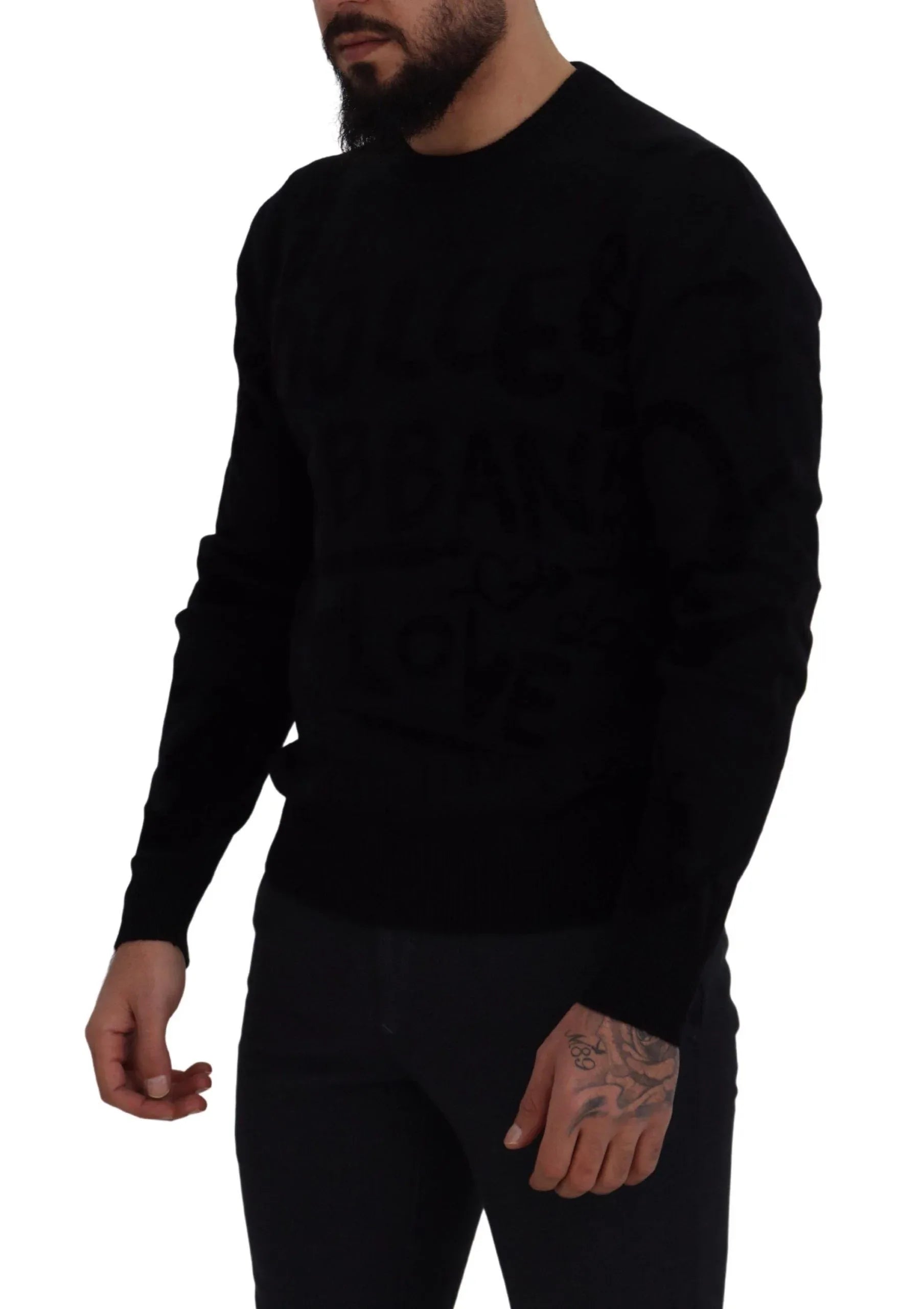 Dolce & Gabbana Black Wool Logo Pattern Crewneck Pullover Sweater - Zeiniez
