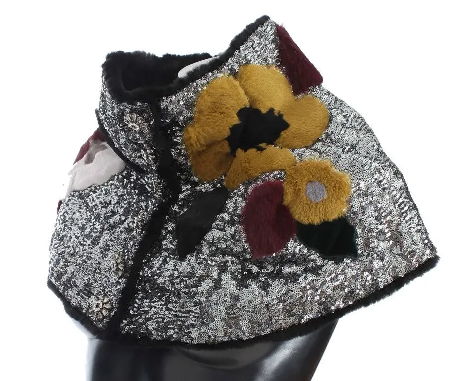 Dolce & Gabbana Silver Sequined Floral Weasel Fur Shoulder Scarf Wrap - Zeiniez