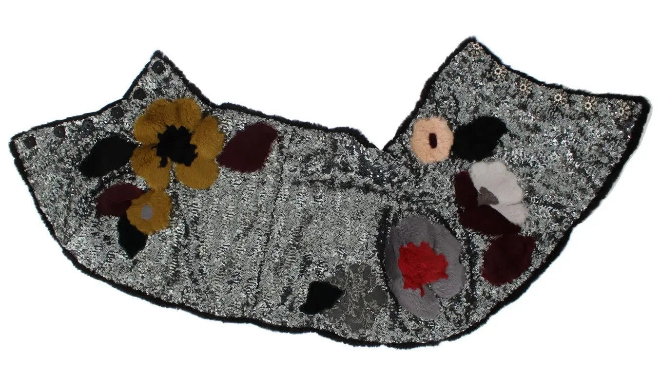Dolce & Gabbana Silver Sequined Floral Weasel Fur Shoulder Scarf Wrap - Zeiniez