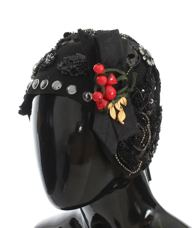 Dolce & Gabbana Black Crystal Gold Cherries Brooch Hat - Zeiniez