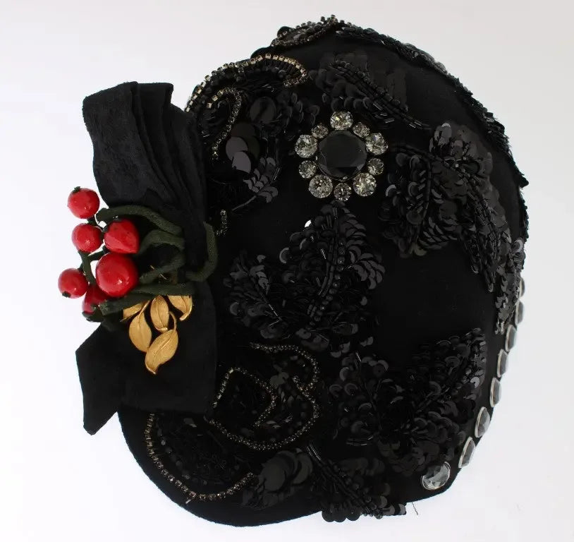 Dolce & Gabbana Black Crystal Gold Cherries Brooch Hat - Zeiniez