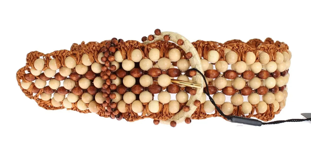 Dolce & Gabbana Brown Raffia Wood Beaded Wide Waist Belt - Zeiniez