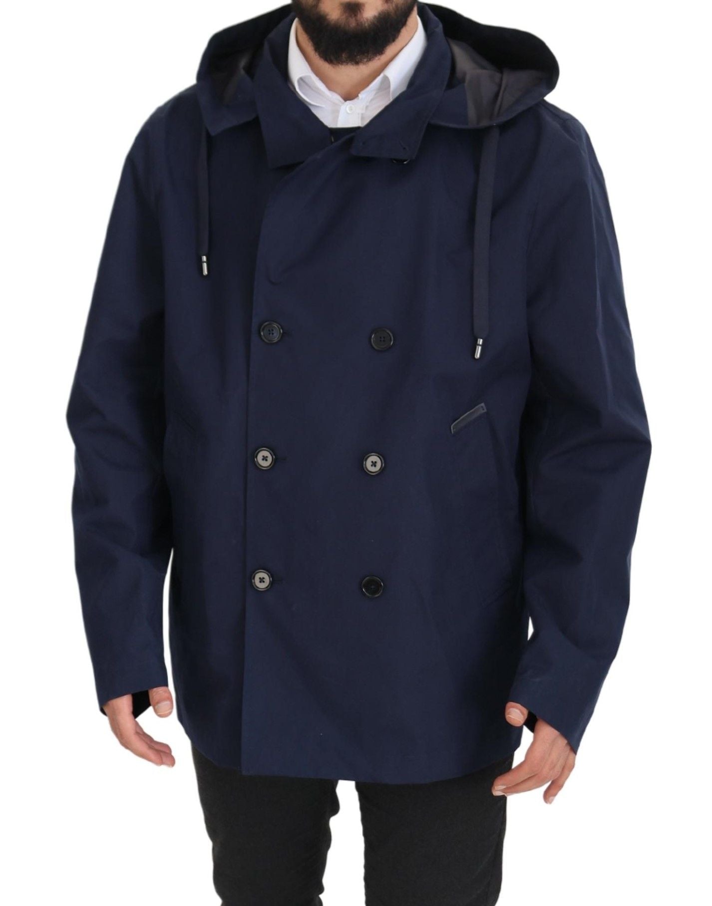 Dolce & Gabbana Blue Hooded Double Breasted Coat Jacket - Zeiniez