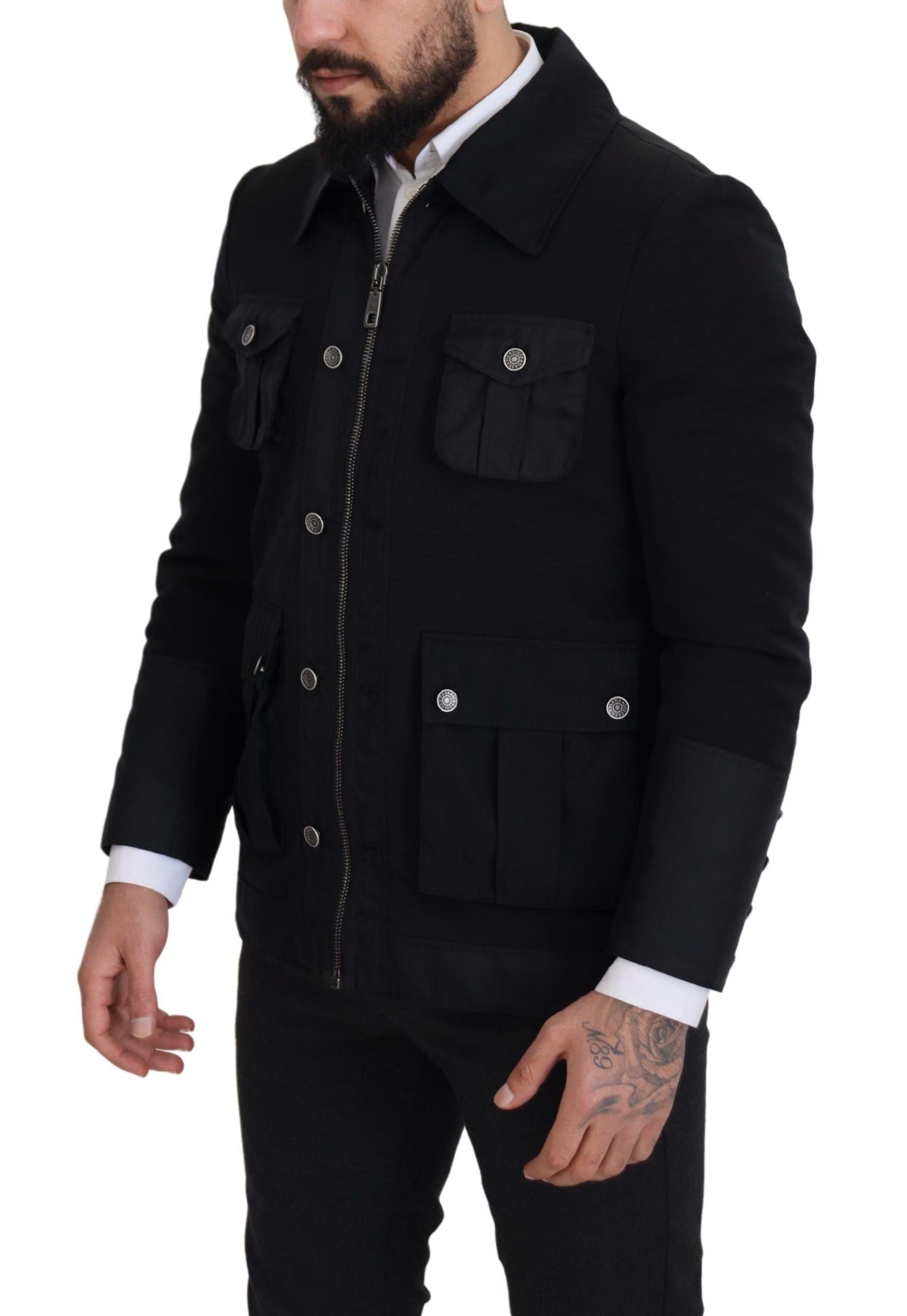Dolce & Gabbana Black Wool Collared Full Zip Jacket - Zeiniez