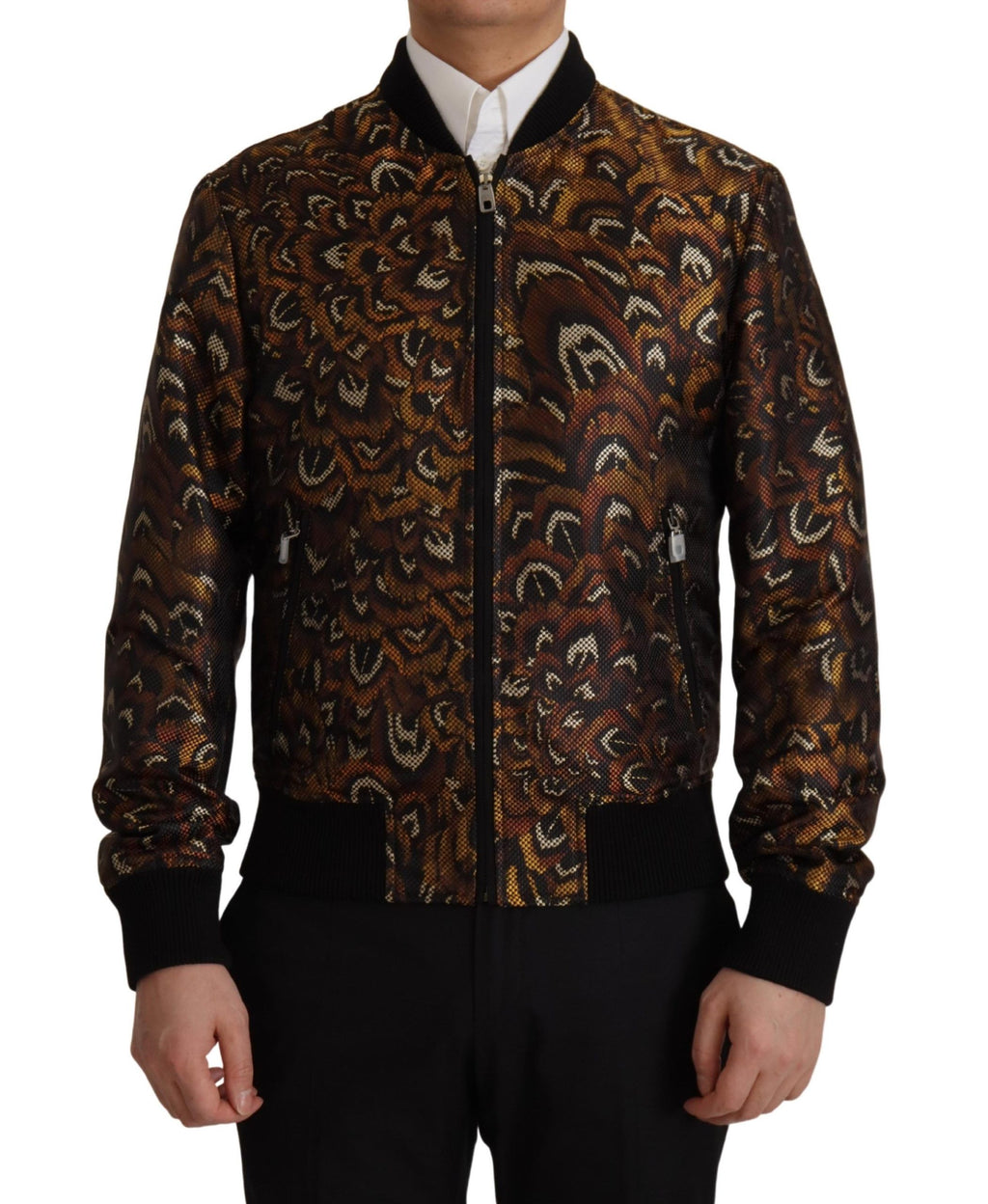 Dolce & Gabbana Brown Feather Full Zip Blouson Jacket - Zeiniez