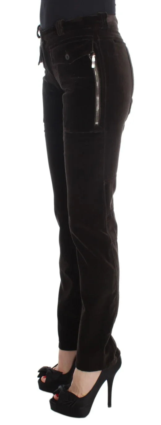 Ermanno Scervino Brown Cotton Velvet Zippers Slim Fit Pants - Zeiniez
