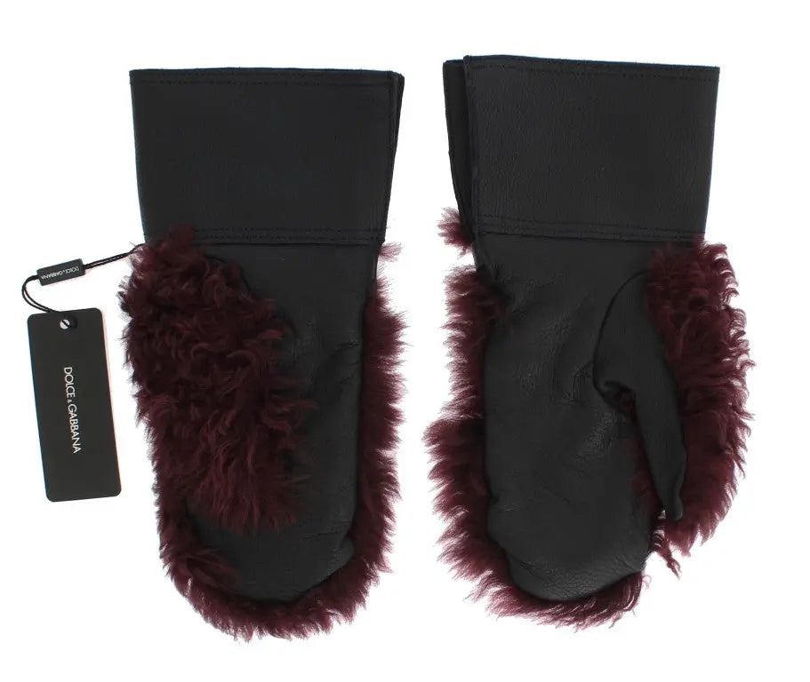 Dolce & Gabbana Black Leather Bordeaux Shearling Gloves - Zeiniez