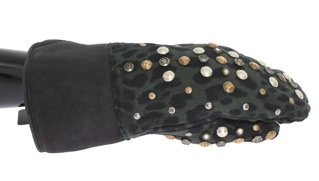 Dolce & Gabbana Gray Wool Shearling Studded Green Leopard Gloves - Zeiniez