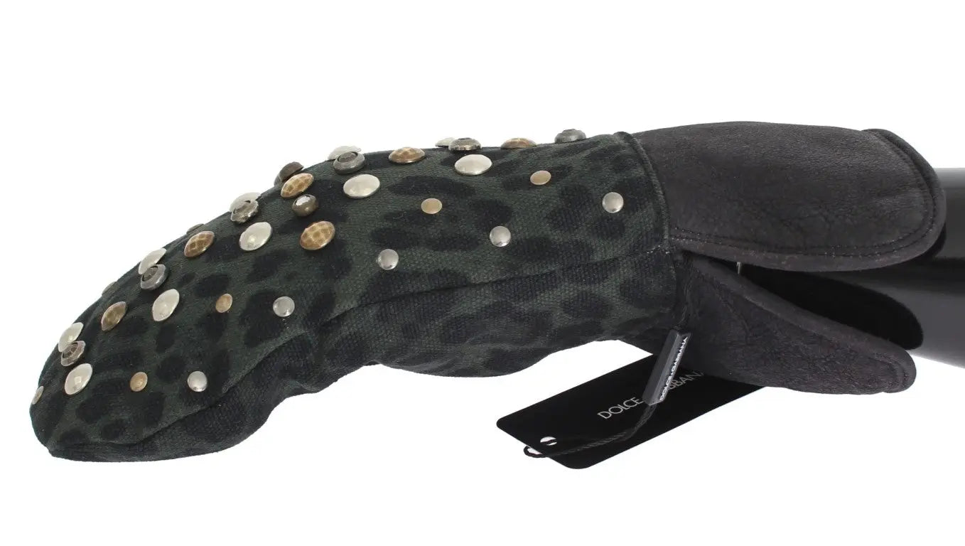 Dolce & Gabbana Gray Wool Shearling Studded Green Leopard Gloves - Zeiniez
