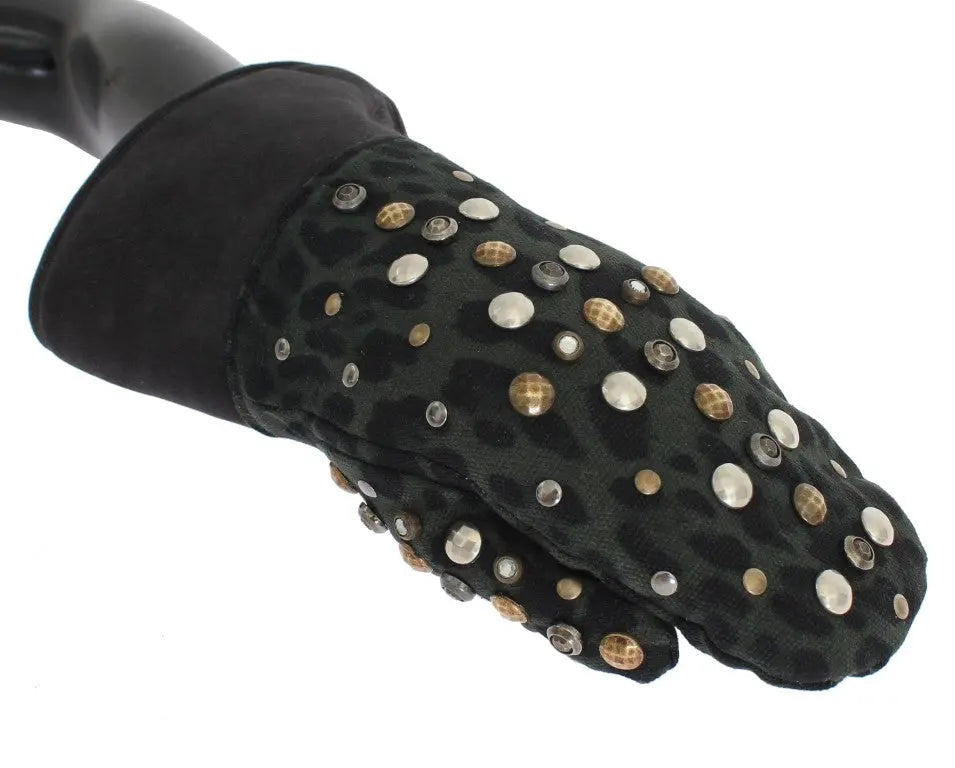 Dolce & Gabbana Gray Wool Shearling Studded Green Leopard Gloves - Zeiniez