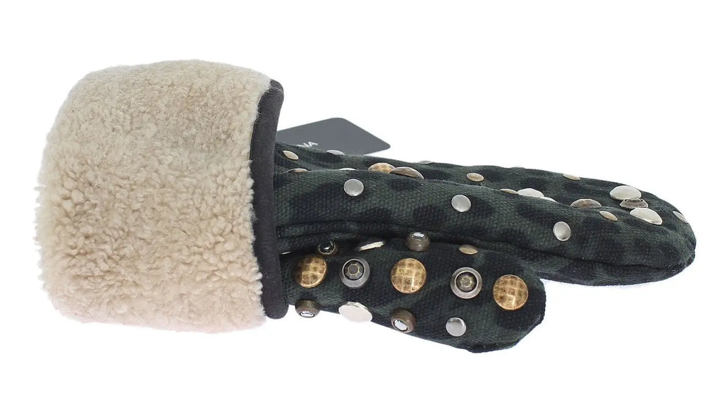 Dolce & Gabbana Gray Wool Shearling Studded Green Leopard Gloves - Zeiniez