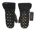 Dolce & Gabbana Gray Wool Shearling Studded Green Leopard Gloves - Zeiniez