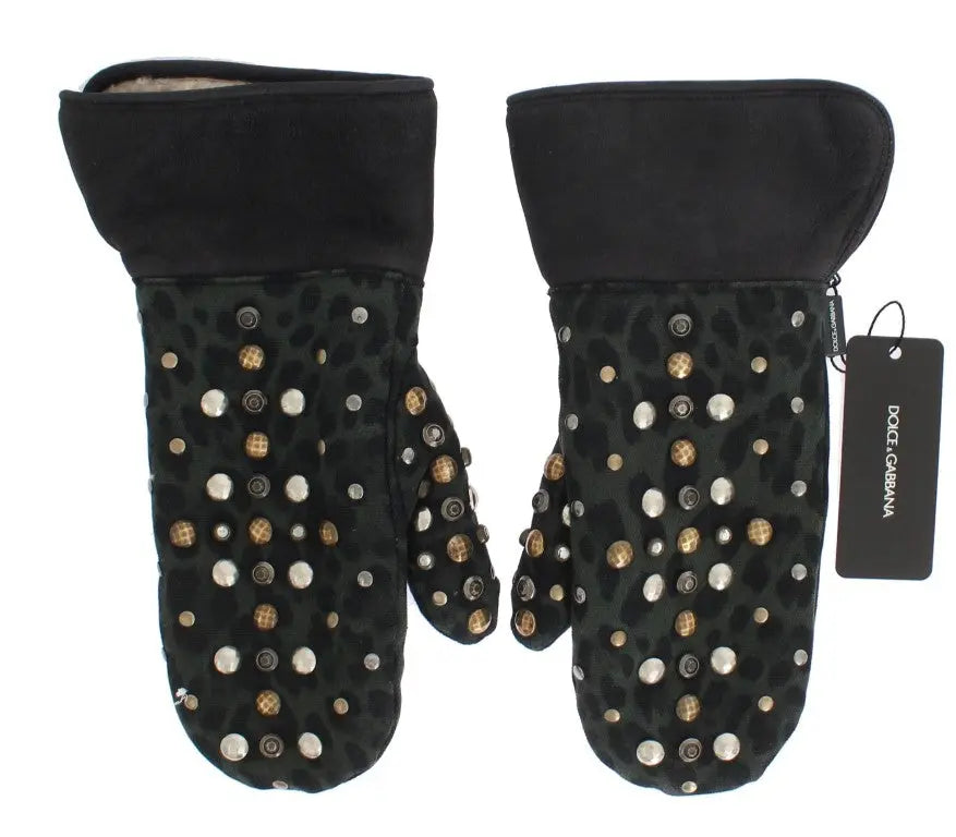 Dolce & Gabbana Gray Wool Shearling Studded Green Leopard Gloves - Zeiniez