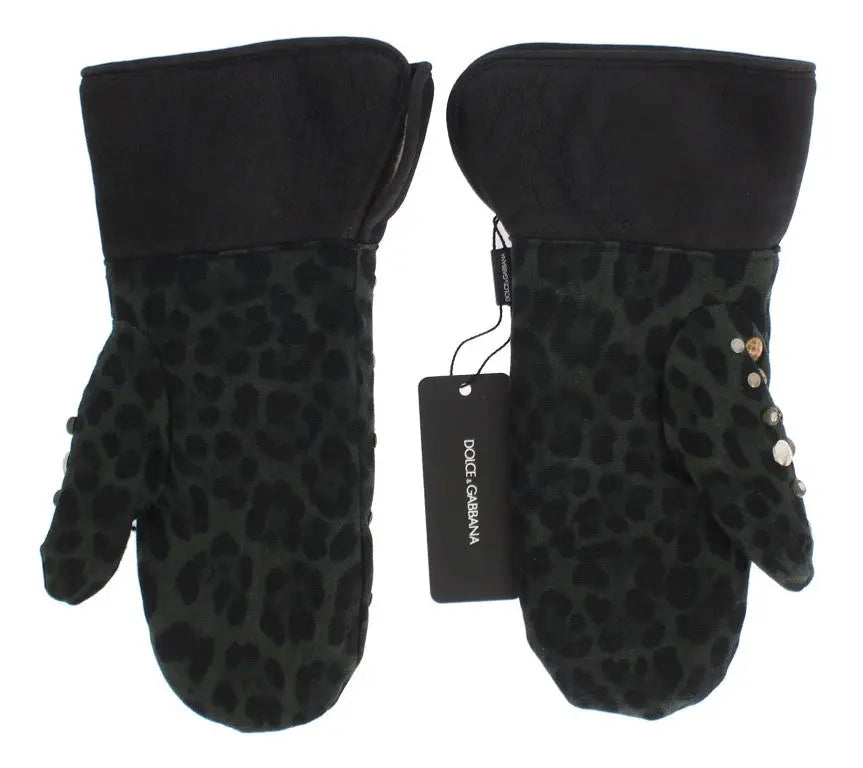 Dolce & Gabbana Gray Wool Shearling Studded Green Leopard Gloves - Zeiniez
