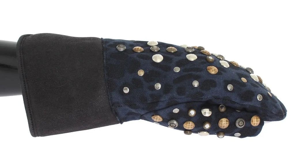 Dolce & Gabbana Gray Wool Shearling Studded Blue Leopard Gloves - Zeiniez