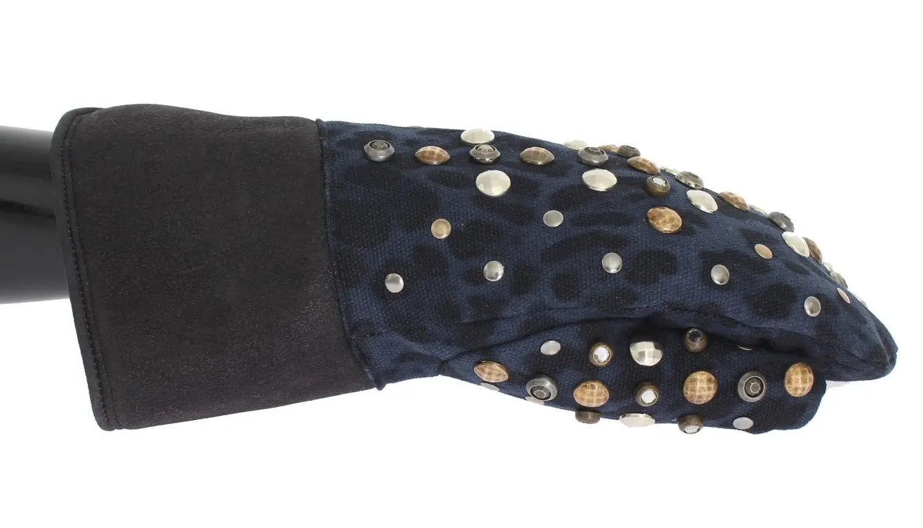 Dolce & Gabbana Gray Wool Shearling Studded Blue Leopard Gloves - Zeiniez