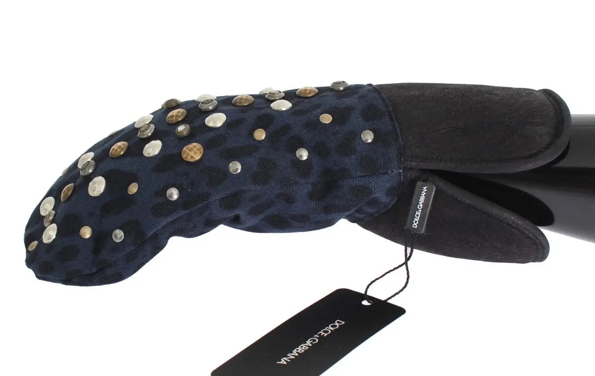 Dolce & Gabbana Gray Wool Shearling Studded Blue Leopard Gloves - Zeiniez