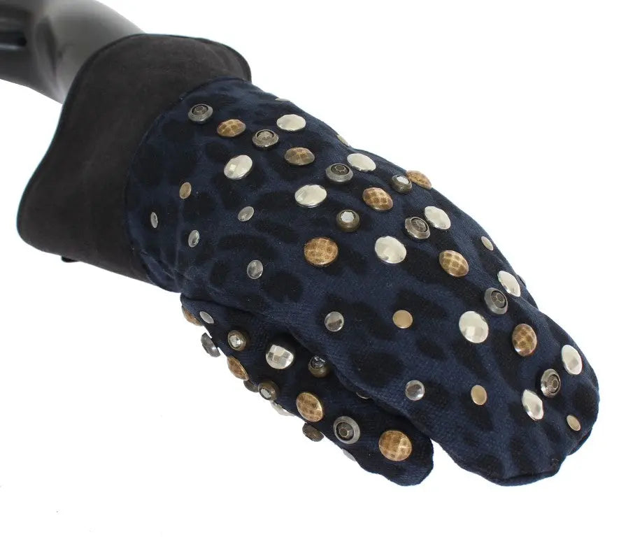 Dolce & Gabbana Gray Wool Shearling Studded Blue Leopard Gloves - Zeiniez