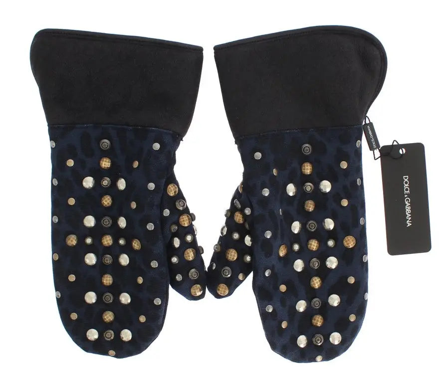 Dolce & Gabbana Gray Wool Shearling Studded Blue Leopard Gloves - Zeiniez