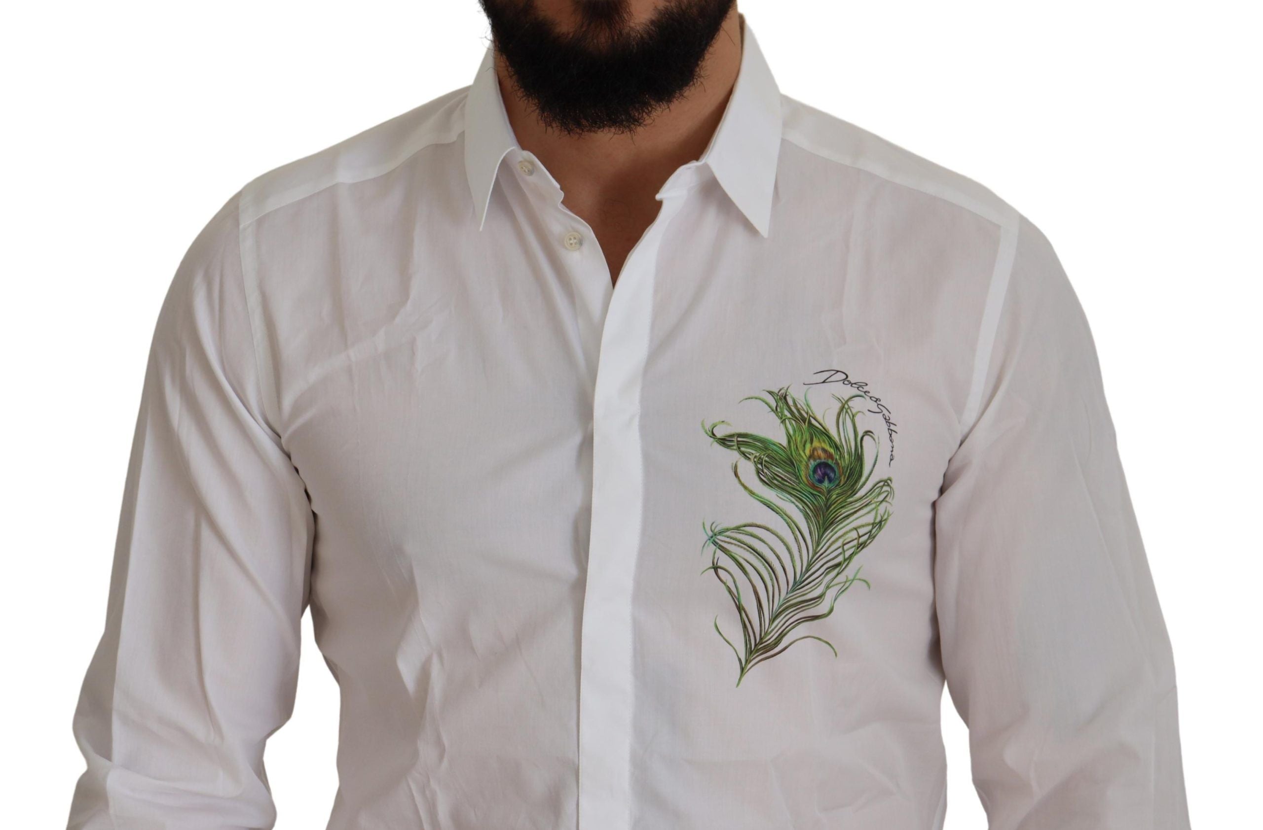 Dolce & Gabbana White Cotton Peacock Feather Formal GOLD Shirt - Zeiniez