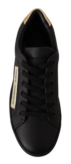 Dolce & Gabbana Black Gold Leather Low Top Sneakers Womens Shoes - Zeiniez