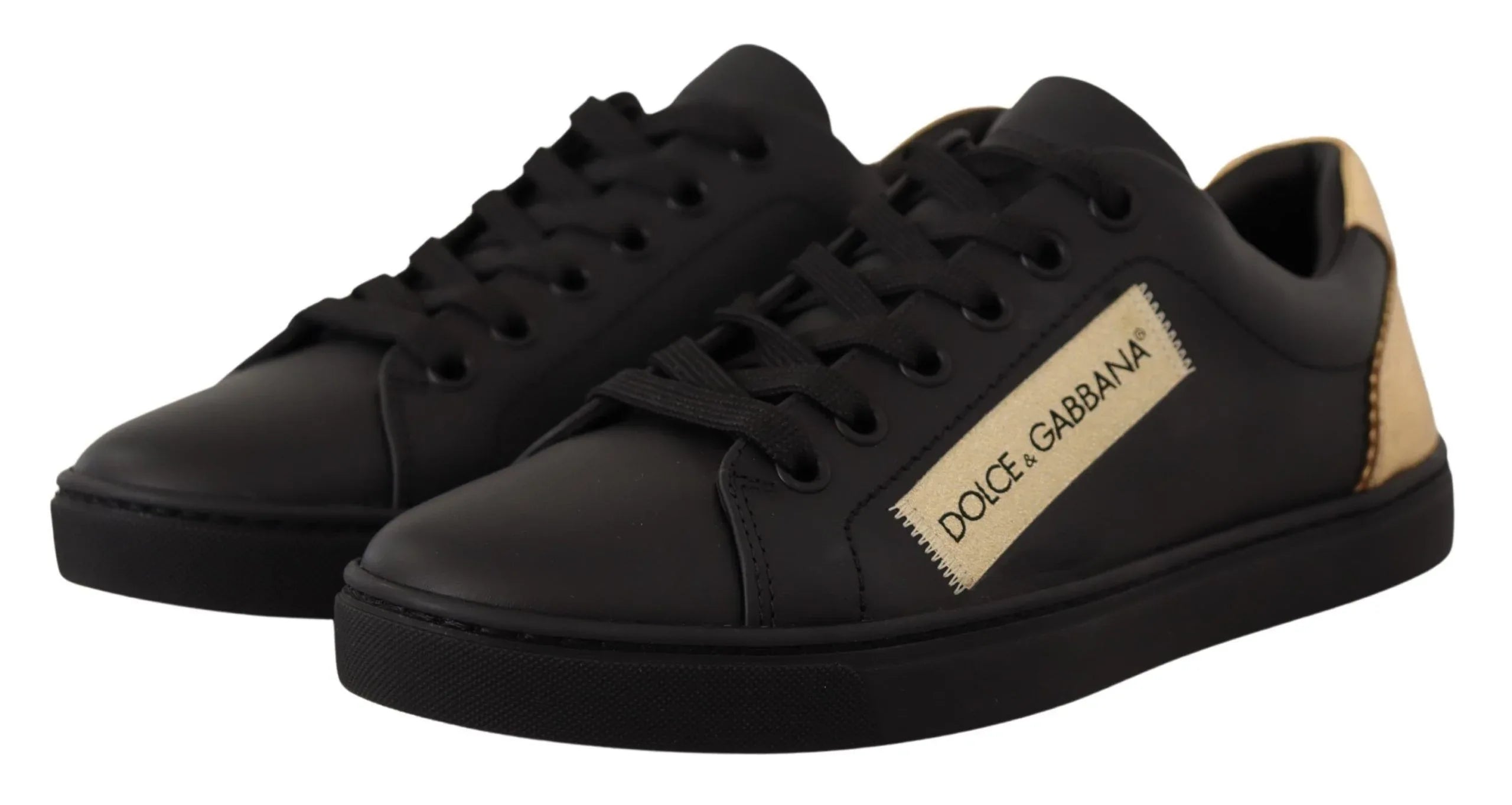 Dolce & Gabbana Black Gold Leather Low Top Sneakers Womens Shoes - Zeiniez