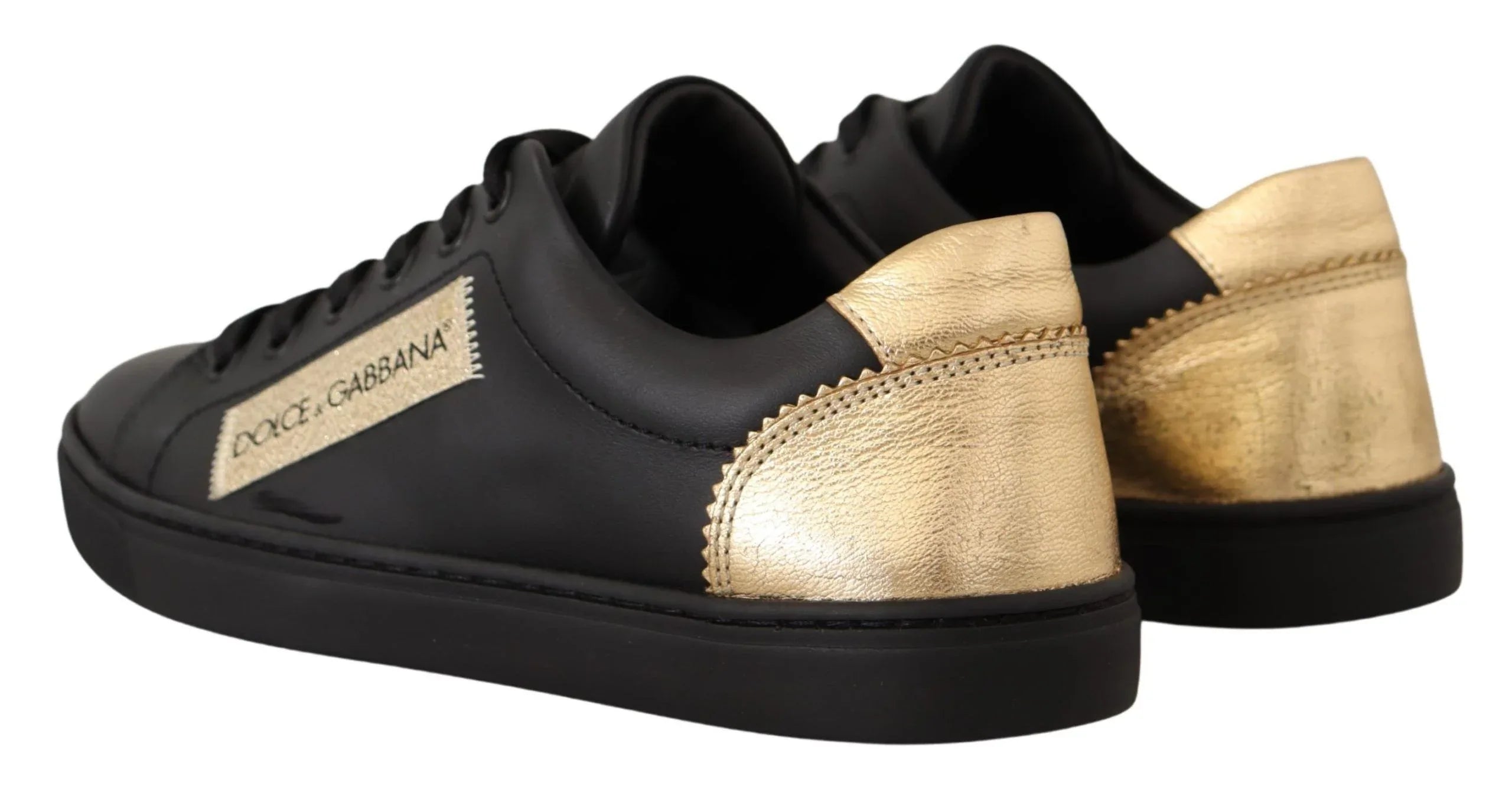 Dolce & Gabbana Black Gold Leather Low Top Sneakers Womens Shoes - Zeiniez