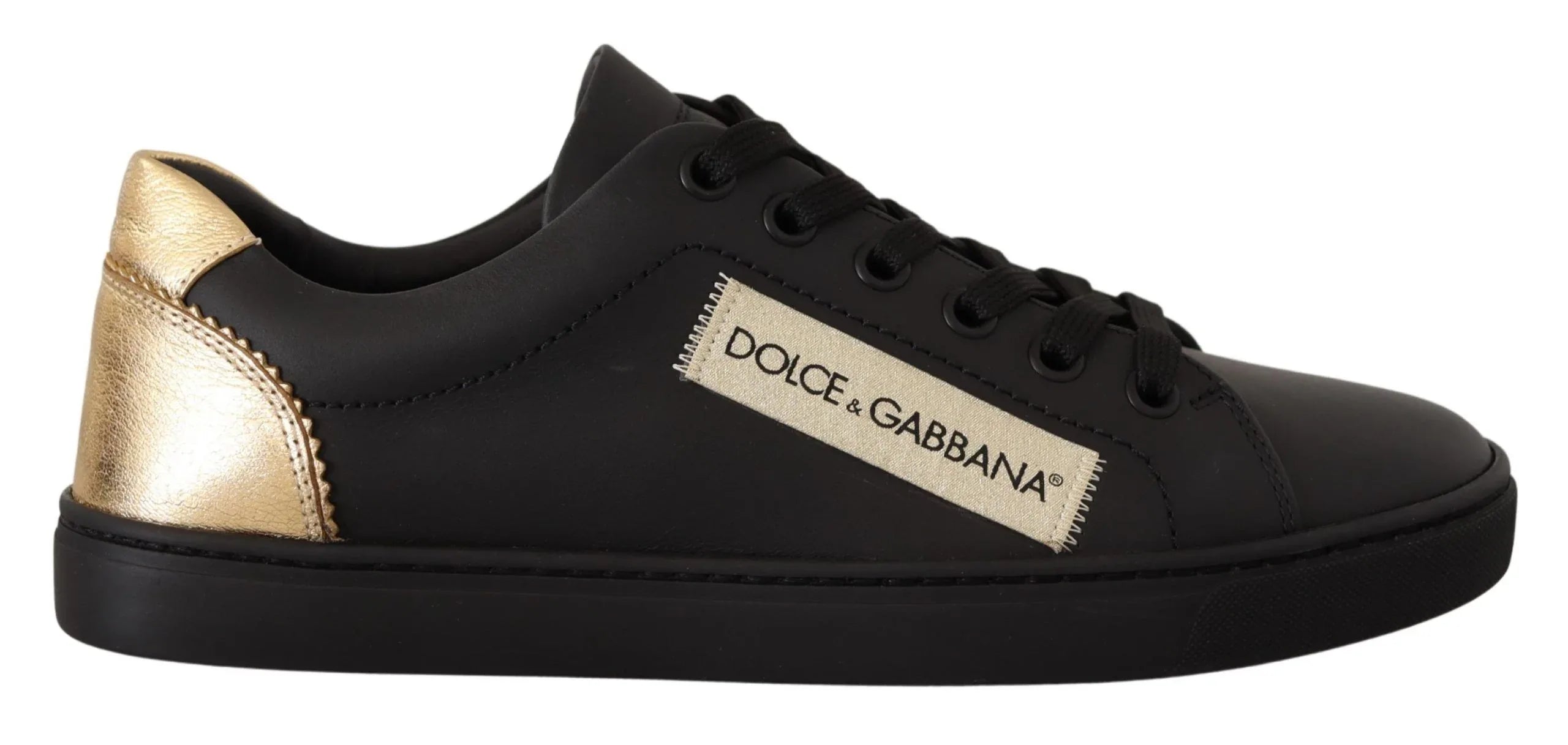 Dolce & Gabbana Black Gold Leather Low Top Sneakers Womens Shoes - Zeiniez