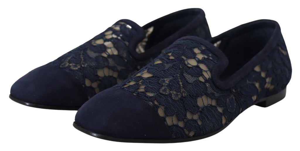 Dolce & Gabbana Blue Floral Lace Slip Ons Loafers Flats Shoes - Zeiniez