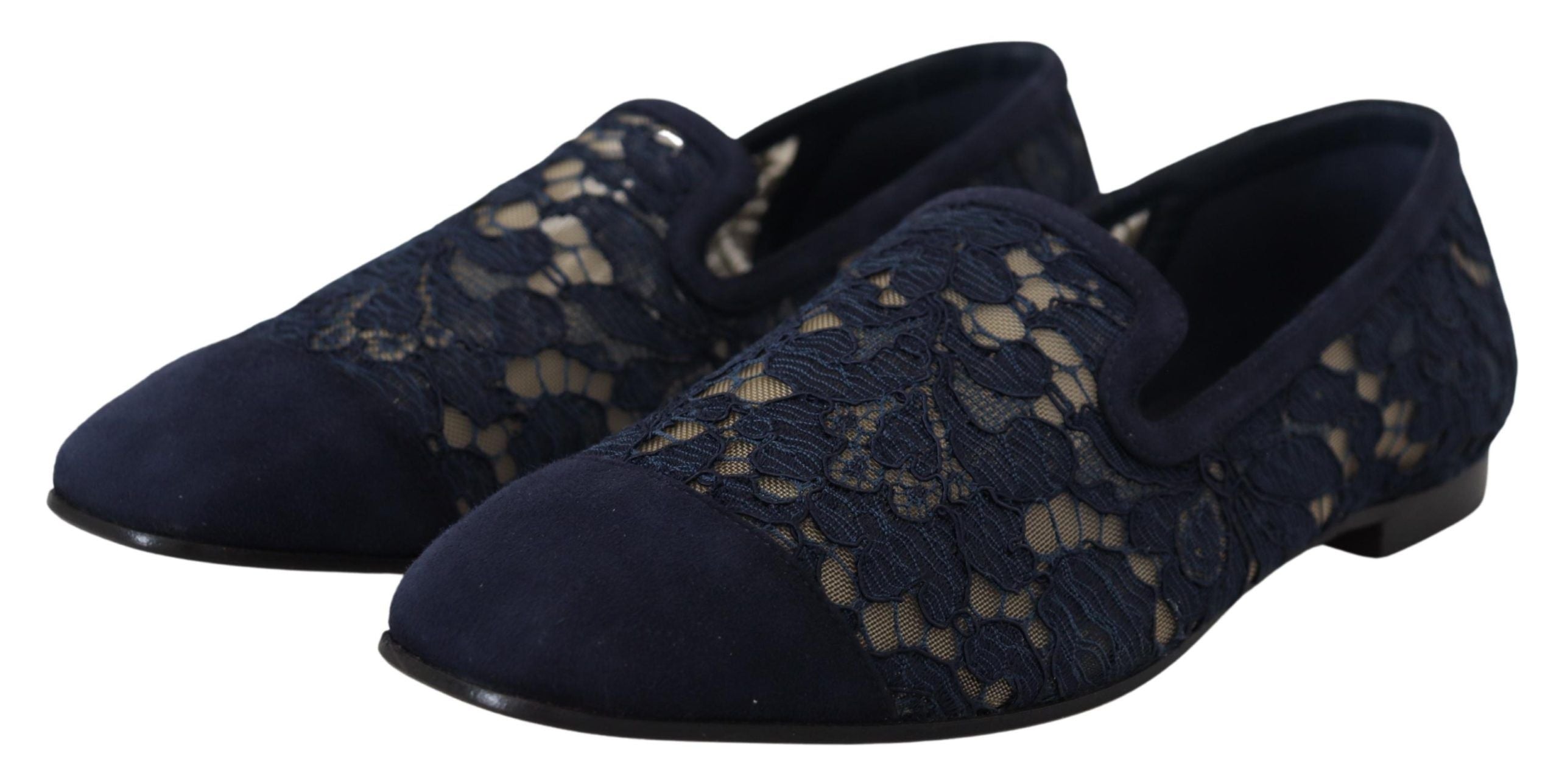Dolce & Gabbana Blue Floral Lace Slip Ons Loafers Flats Shoes - Zeiniez