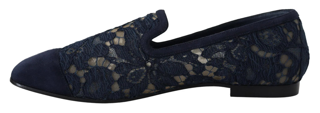 Dolce & Gabbana Blue Floral Lace Slip Ons Loafers Flats Shoes - Zeiniez