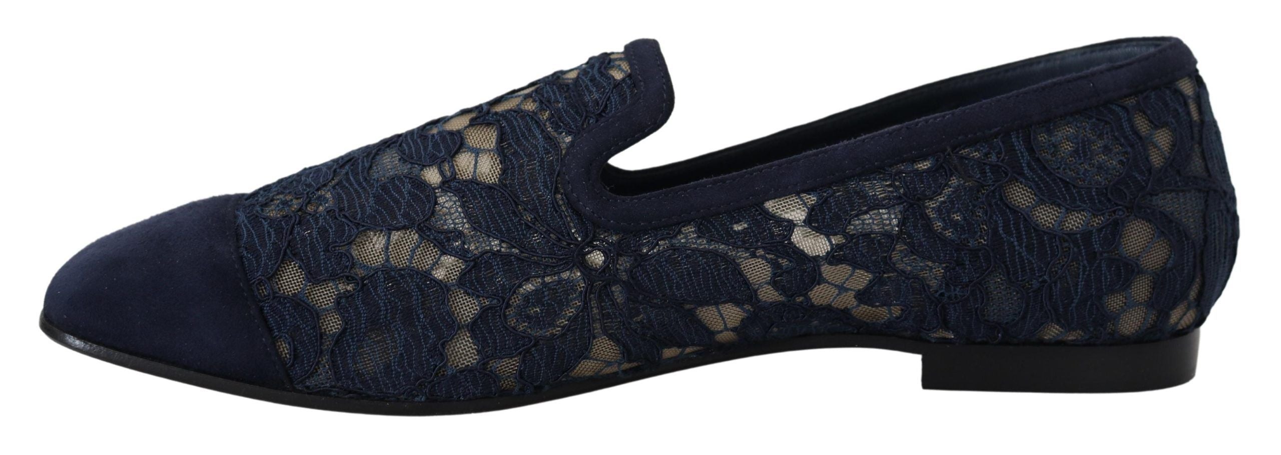 Dolce & Gabbana Blue Floral Lace Slip Ons Loafers Flats Shoes - Zeiniez