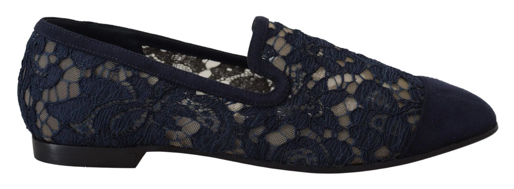 Dolce & Gabbana Blue Floral Lace Slip Ons Loafers Flats Shoes - Zeiniez