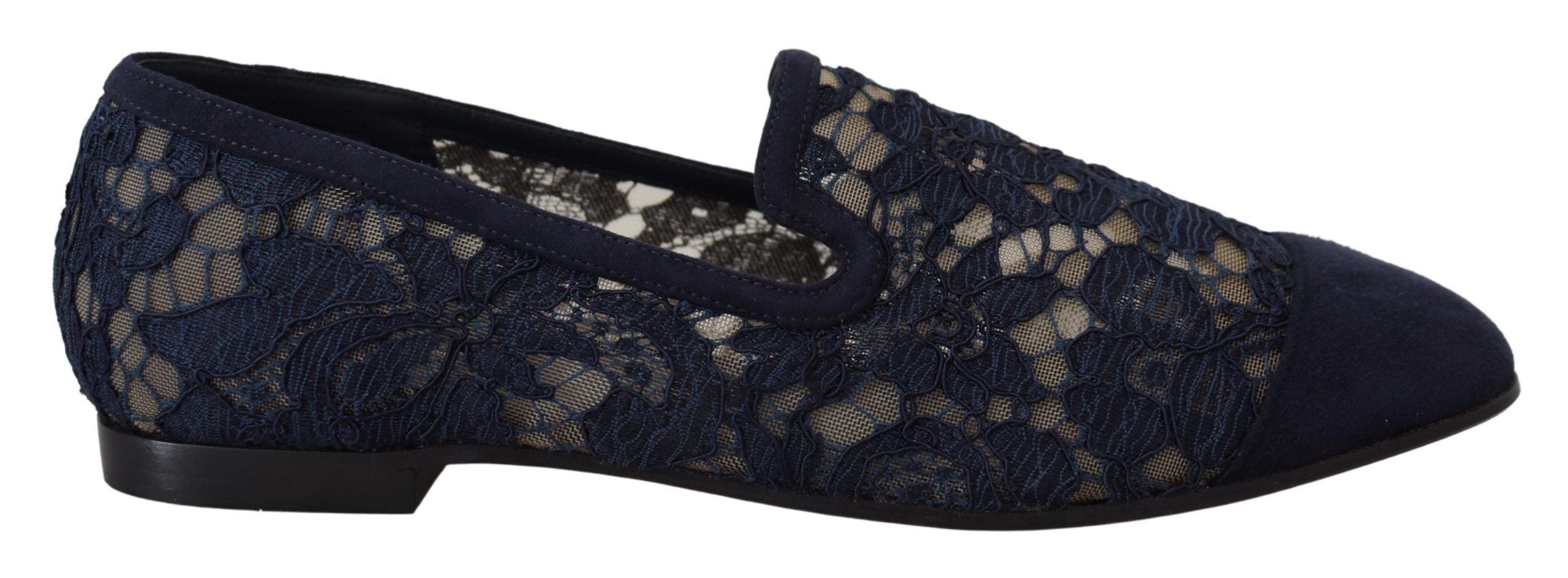 Dolce & Gabbana Blue Floral Lace Slip Ons Loafers Flats Shoes - Zeiniez