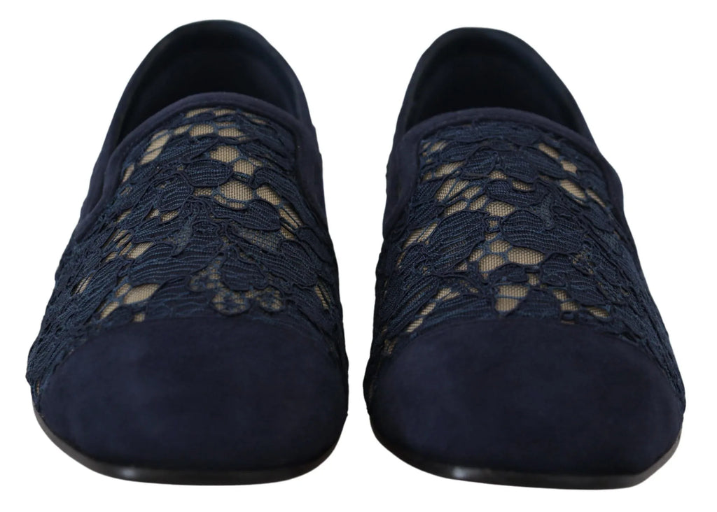 Dolce & Gabbana Blue Floral Lace Slip Ons Loafers Flats Shoes - Zeiniez